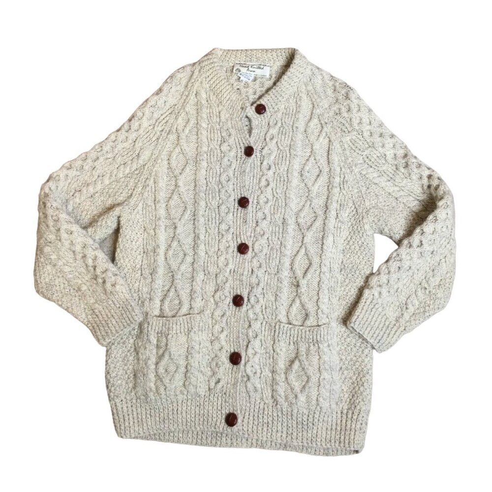 Hand Knitted Aran Button Front Wool Cardigan Sweater Cable Knit Beige Size 38